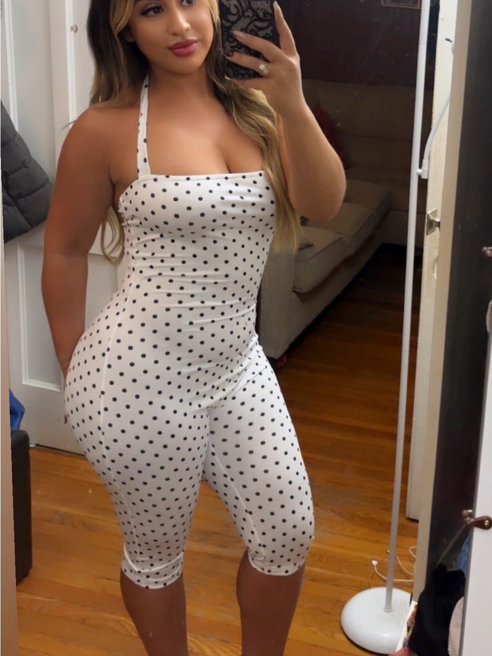 White Polka Dot Halter Capri Jumpsuit for Women
